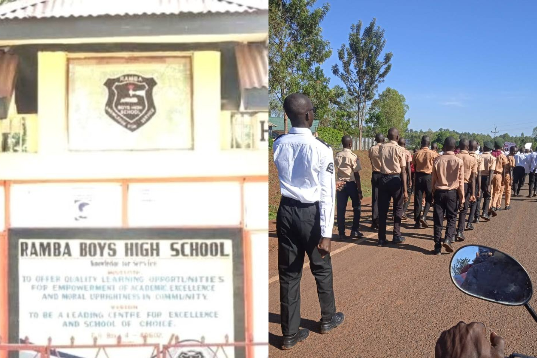 Photocollage of Ramba High school gate and students.